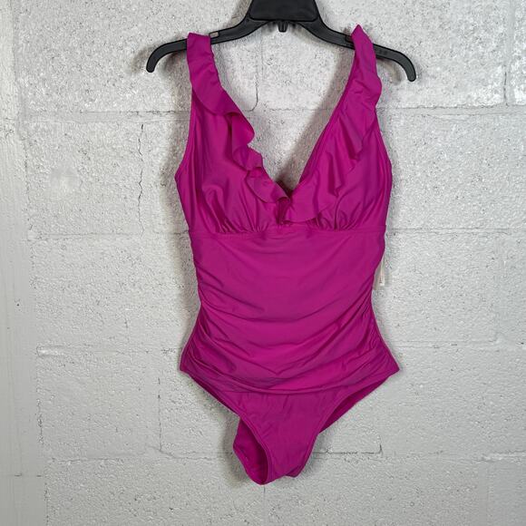 DKNY Ruffle Plunge Underwire Tummy Control One-Piece Swimsuit PINK Large - Picture 1 of 12